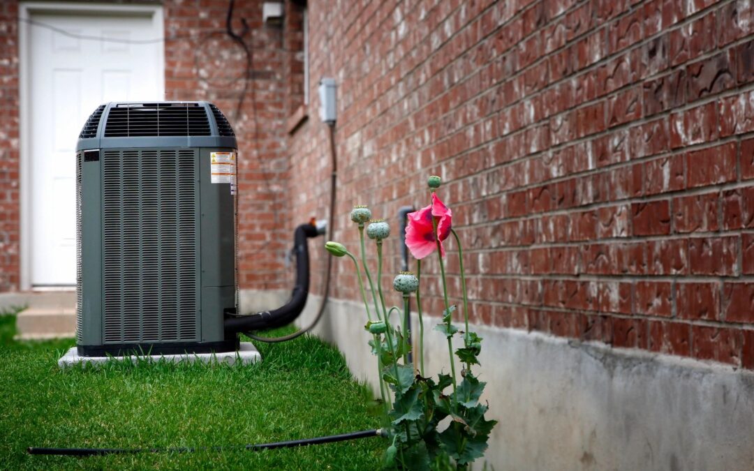 exterior air conditioning unit on a concrete slab sitting on green grass at a red brick home with a white exterior door and a pink flower growing near the unit, hvac, ac, condenser, flower, spring, summer, home, residence, green lawn, landscaping, HVAC unit, HVAC system, earth day, energy efficient systems,