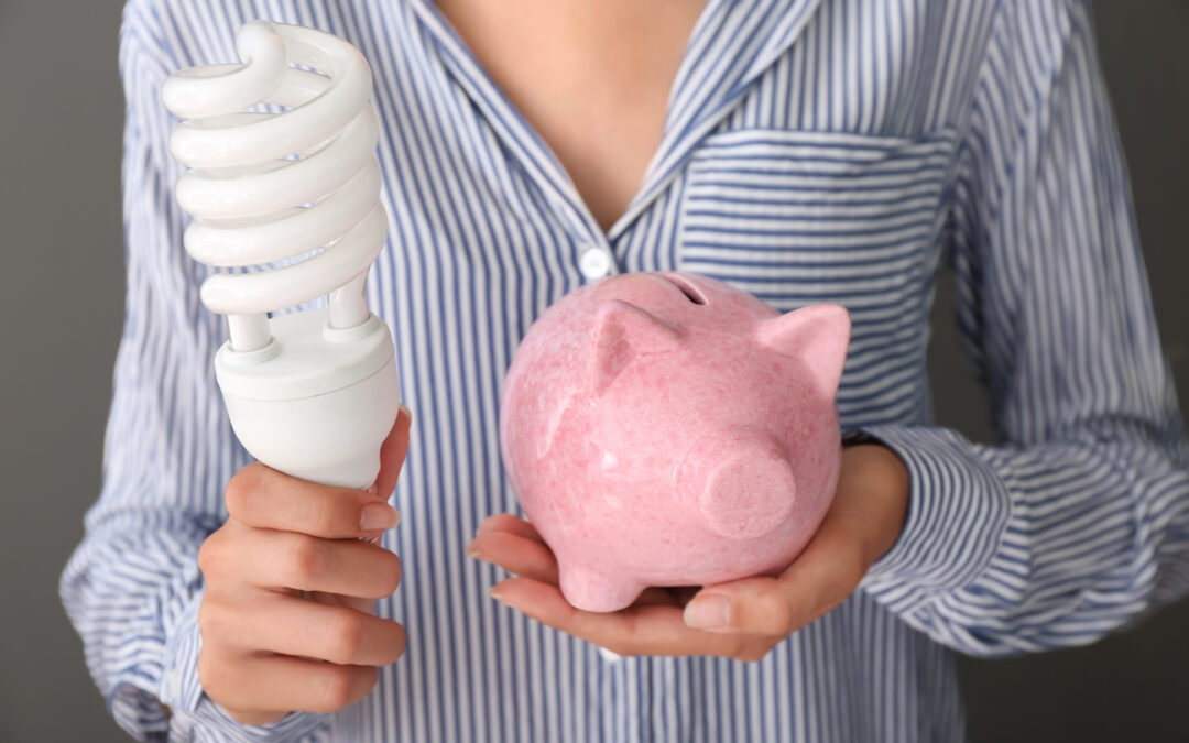 Woman Holding Piggy Bank With Light Bulb, Closeup. Electricity Saving concept, energy saving concept